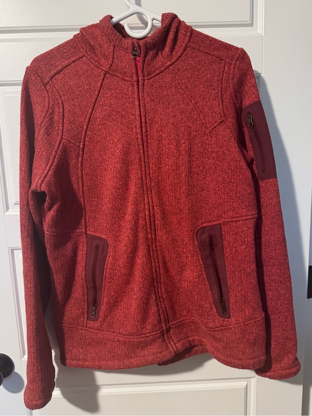 Athleta Sweater Knit Full-Zip Hooded Jacket with Embroidery, Dark Red, Size L